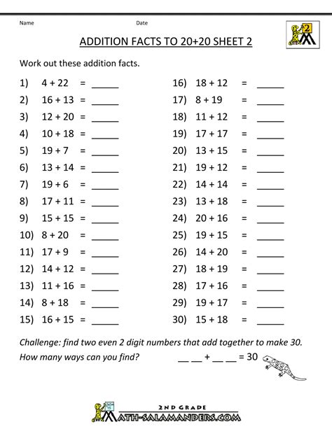 Addition Facts To 20 Printable Worksheets - Printable Word Searches