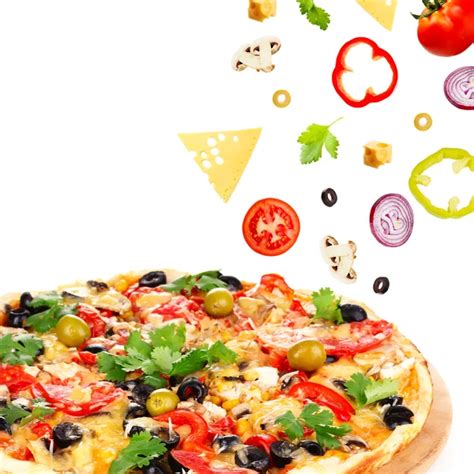 Tasty pizza and falling ingredients isolated on white Stock Photo by ©belchonock 60963239