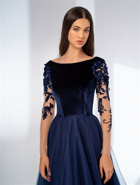 A-line Evening Dress, Long Sleeves Prom Dress, Navy Blue Evening Dress, Maxi Prom Dress, Sexy ...