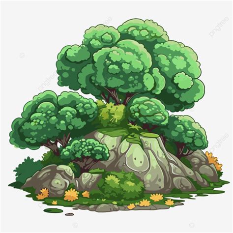 Gambar Pulau Kartun Clipart Belukar Dilitupi Rumput Dan Pokok Hijau Vektor, Semak Belukar, Seni ...