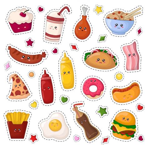 Premium Vector | Set of kawaii sticker or patch with cartoon fast food