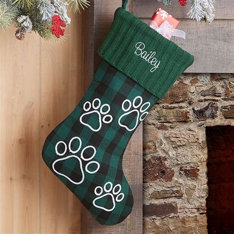 Buffalo Check Paw Prints Personalized Green Dog Christmas Stocking