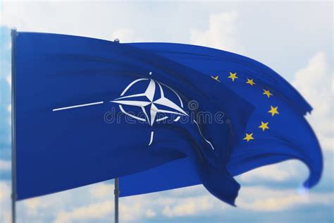 Waving European Union Flag and Flag of NATO. Closeup View, 3D ...