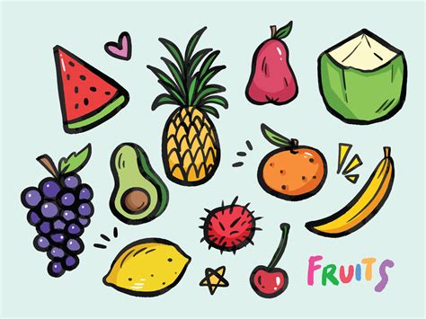 Textured and outlined various fruits vector illustration set collection isolated on horizontal ...