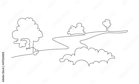 Landscape park with path and trees. Continuous line drawing. Vector illustration. Stock Vector ...