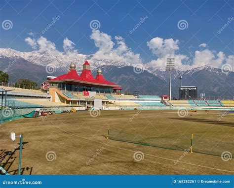 Dharamshala Cricket Stadium Under Snow Clad Mountains Stock Image ...