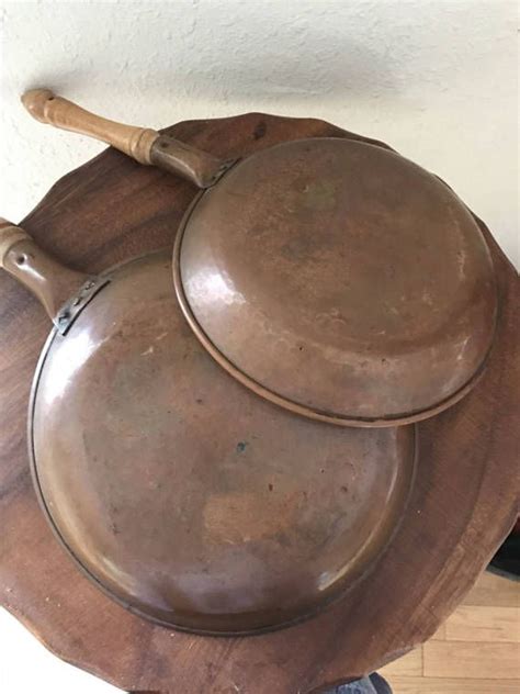 Antique Copper Frying Pan Set Wooden Handles Handmade In | Etsy | Antiques, Wooden handles ...