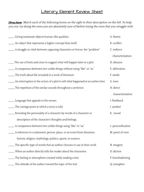 Literary Elements Review Worksheet | PDF