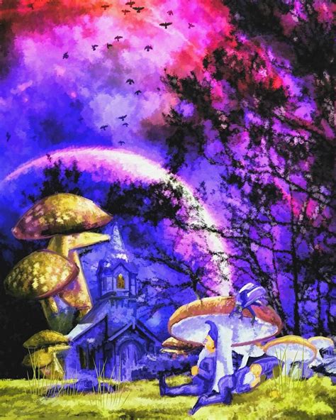 A painting of a mushroom house with a rainbow in the background. Elves ...