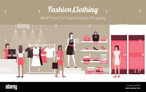 Fashion clothing store banner with shop interior, clothing on hangers ...