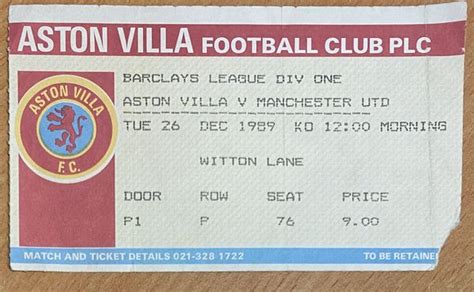 1989/90 ORIGINAL DIVISION ONE TICKET ASTON VILLA V MANCHESTER UNITED ...