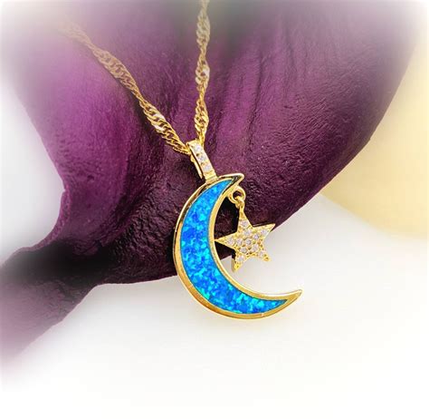 Moon and Star Necklace Gold Moon With Blue Opal & Pave Star | Etsy