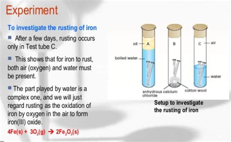 Describe an experiment to show the conditions necessary rusting of iron.