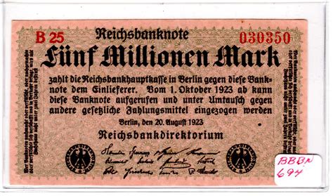 AUG. 20, 1923 GERMAN REICHSBANKNOTE FIVE MILLIONEN MARK BANKNOTE - For ...