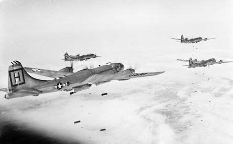 Formation of Boeing B-29 Superfortress bombers dropping their bombs over targets in Korea, 1951 ...