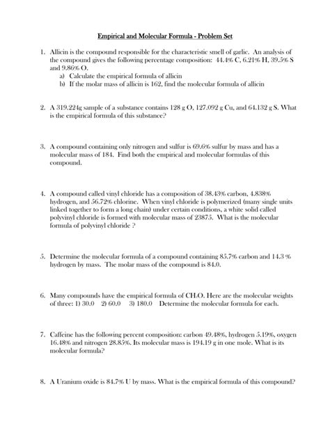 Empirical and Molecular Formula Worksheet