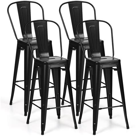 Costway Set of 4 High Back Metal Stool 30'' Seat Bar Height Industrial Bar Stools Gunblack Steel ...