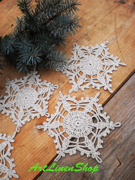 Crochet coasters Crochet snowflakes Drink coasters set Christmas ornaments Linen coa ...