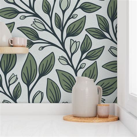 Leafy vines with flowers in green with Wallpaper | Spoonflower