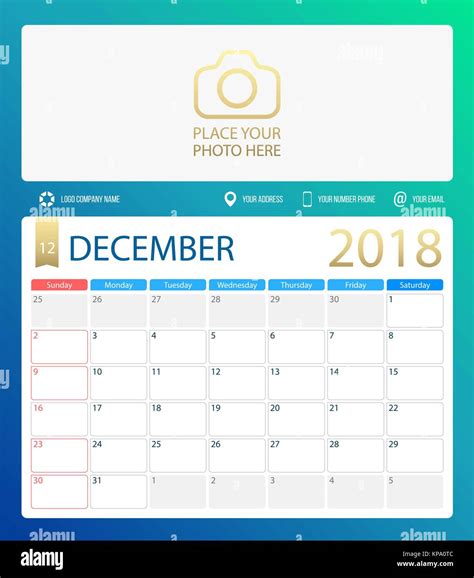 DECEMBER 2018, illustration vector calendar or desk planner, weeks start on Sunday Stock Photo ...