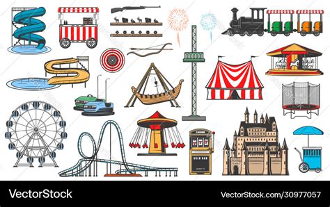 Amusement park and funfair carnival attractions Vector Image