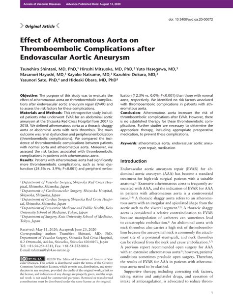 (PDF) Effect of Atheromatous Aorta on Thromboembolic Complications after Endovascular Aortic ...