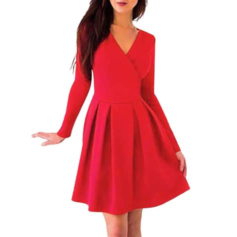 Women's Summer Dress Casual professional Red Fashion Deep V Neck Long Sleeve Loose Mini Dress ...