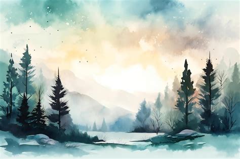 Premium Photo | A watercolor painting of a snowy landscape with a snowy landscape and trees.