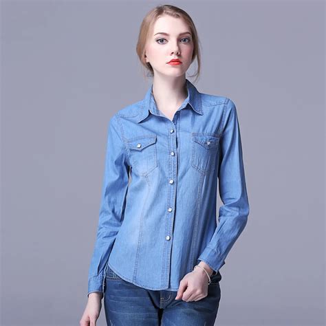 Fashion 2017 Womens Chambray Top Denim Shirts and Blouses Ladies Long ...