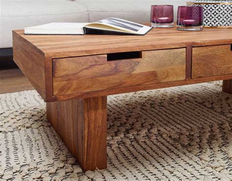 Coffee Table Solid Wood Sheesham Design Living Room Table 110 X 60 Cm With 6 Drawers Country ...