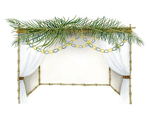 Jewish Sukkah with palm leaves on the top and paper decorations watercolor illustration for ...