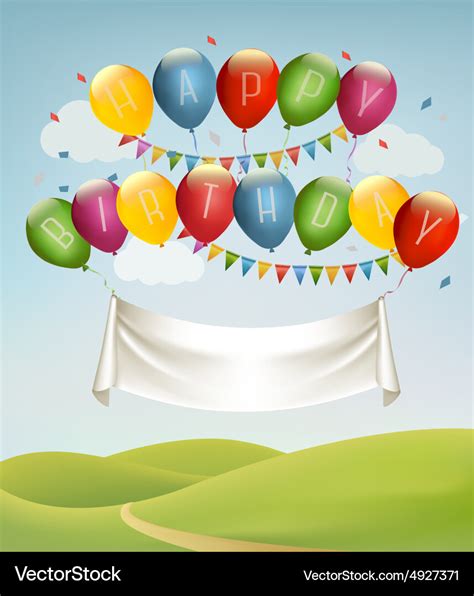 Happy birthday banner with balloons and landscape Vector Image