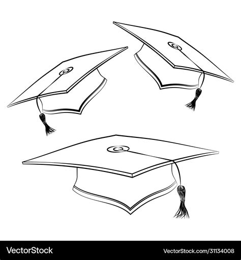 Black line student caps sketch graduation hat Vector Image