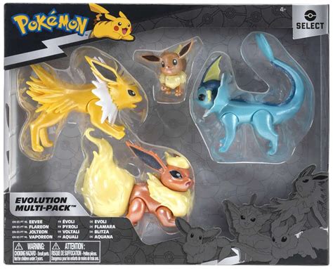 Pokemon Select Eevee, Flareon, Jolteon Vaporeon Exclusive 3 Evolution Figure 4-Pack Jazwares ...