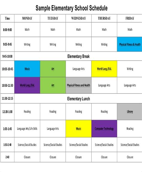 Elementary Schedule Template