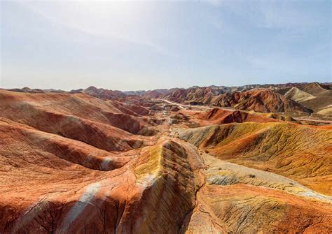 Aerial view of Colourful mountains of the Zhangye Danxia Geopark, China ...