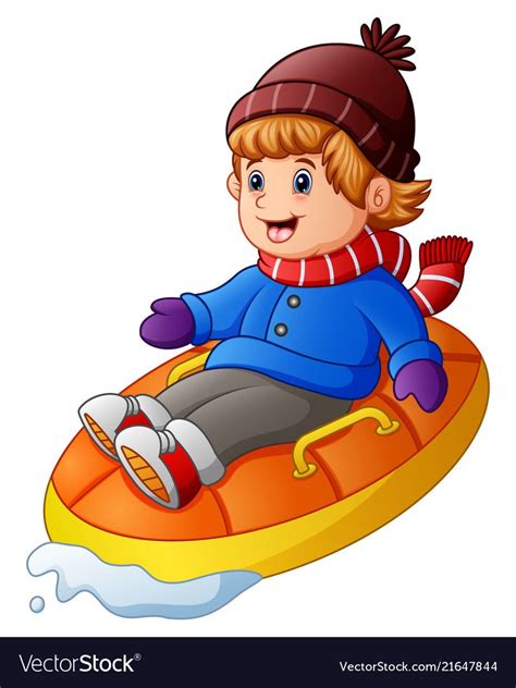 illustration of Cartoon happy boy riding an inflatable sled. Download a ...