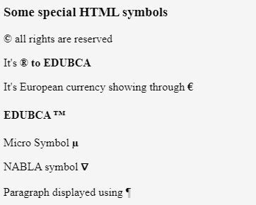 Symbols in HTML | List of Special Symbols in HTML