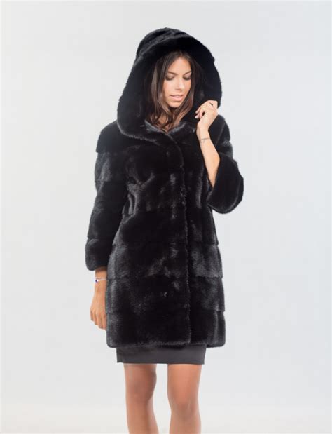 Black Mink Coat With Hood. 100% Real Fur Coats and Accessories.