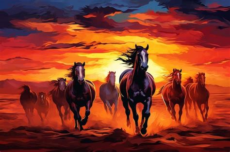 Premium AI Image | a painting of horses running in the sunset