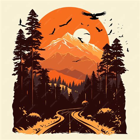 Premium Vector | Vector of high way to the mountain with beautiful sunset background illustration