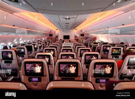 Seats with screens, Economy Class, interior view, Airbus A 350 Qatar Airways, Qatar Stock Photo ...