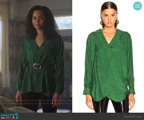 Macy’s green wrap blouse on Charmed. Outfit Details: https://wornontv ...