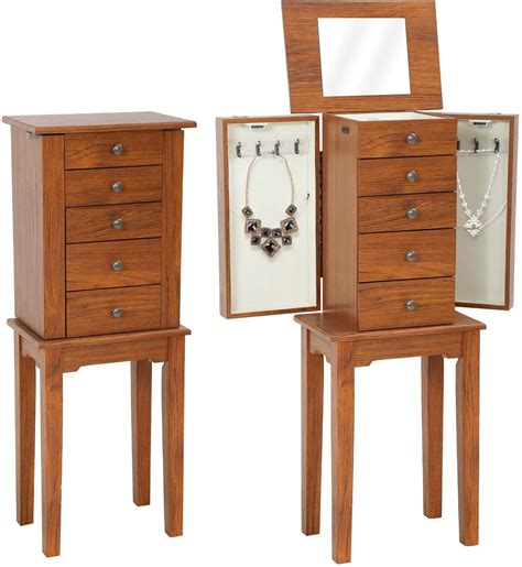 Standing Jewelry Cabinet Armoire 5 Drawers 2 Side Doors and 8 Necklace ...