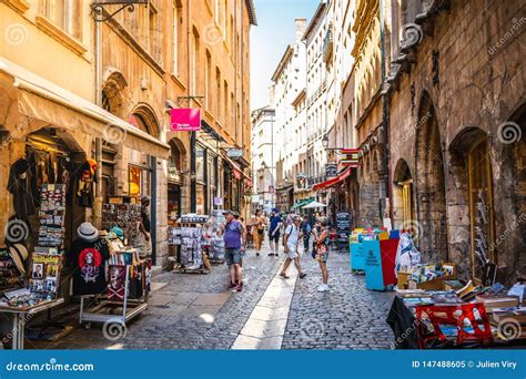 Tourists in the Street of Vieux Lyon Old Town on Summer Day in Lyon ...