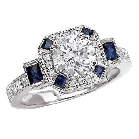 Diamond Sapphire Engagement Ring - Antique Style - 18K White Gold