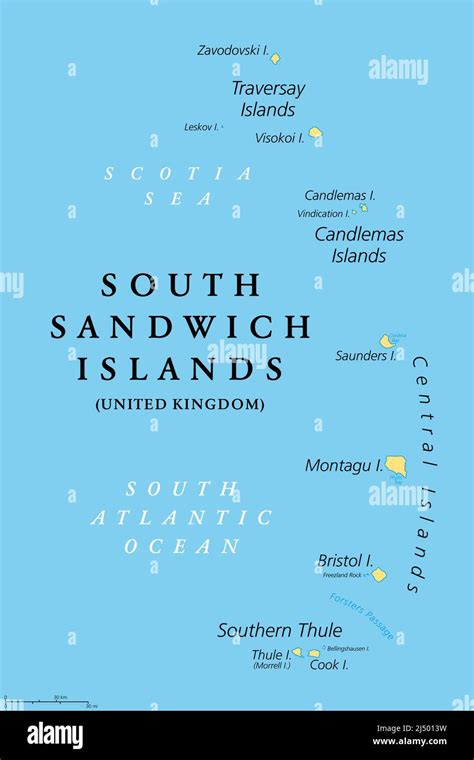 South Sandwich Islands, political map. Part of the British Overseas Territory of South Georgia ...