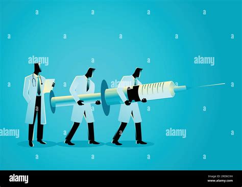 Vector graphic illustration of team of doctors carrying giant needle. Anesthesiology Concept ...