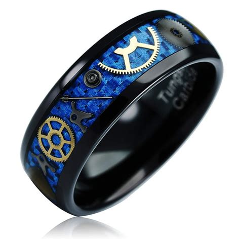 100S Jewelry - 100S JEWELRY Black Tungsten Ring for Men Watch Gear Blue ...