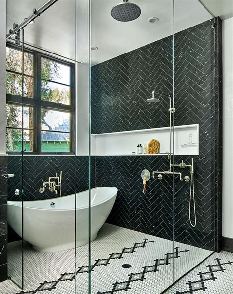 11 Bathrooms with Black Herringbone Tiles